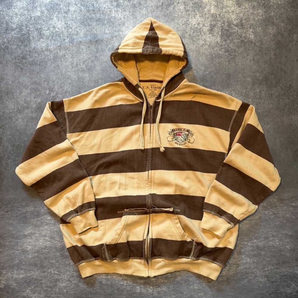 Vtg Y2K US Vintage Mackinac Island Striped Zip Hoodie Big Back Graphic Mens XXL